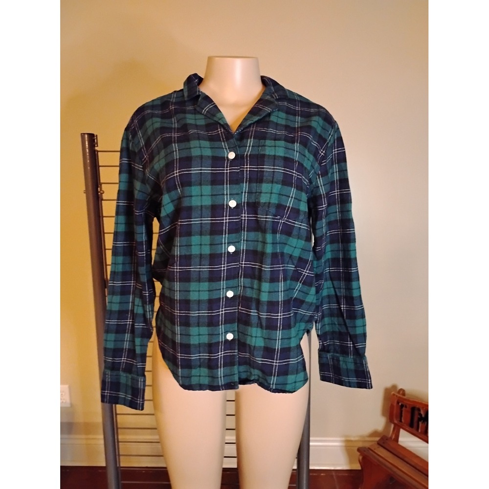 GapBody Womens Green Navy Plaid Flannel Sleep Shirt Button Down Size S